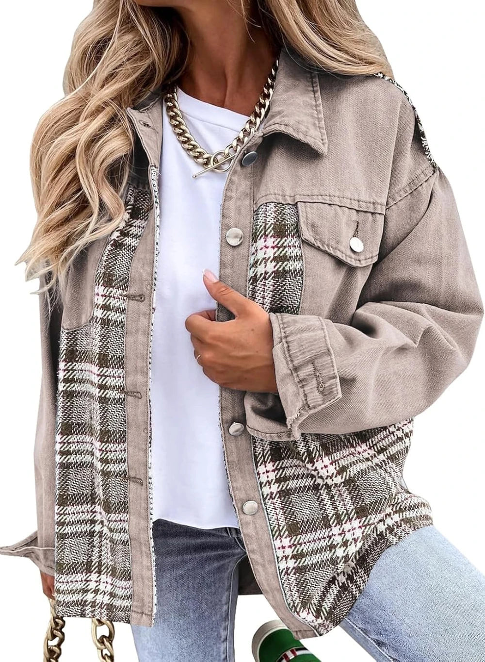 Oversized Plaid Denim Jacket