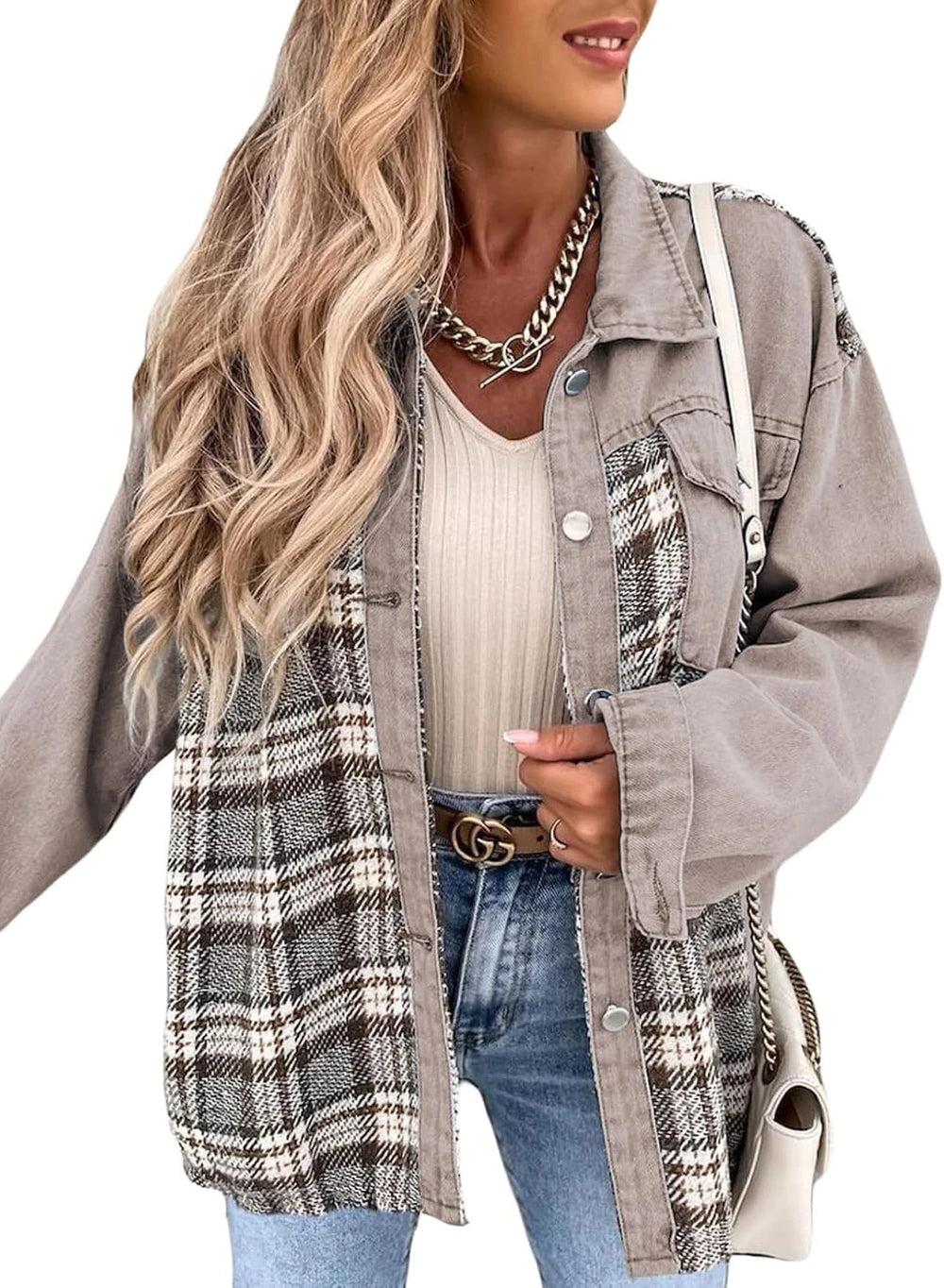 Oversized Plaid Denim Jacket