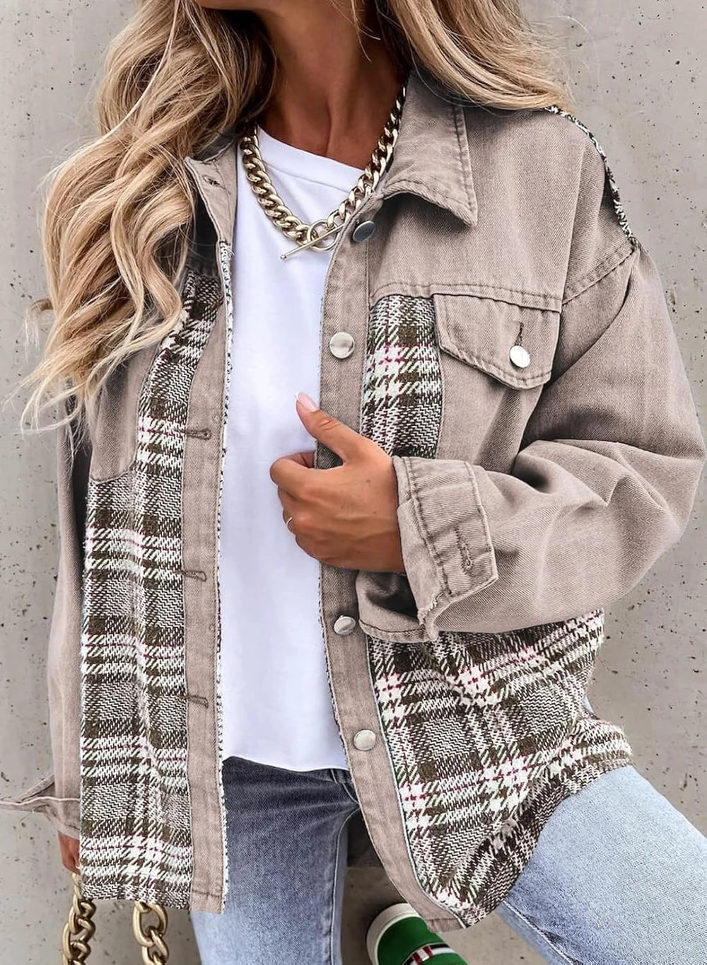 Oversized Plaid Denim Jacket
