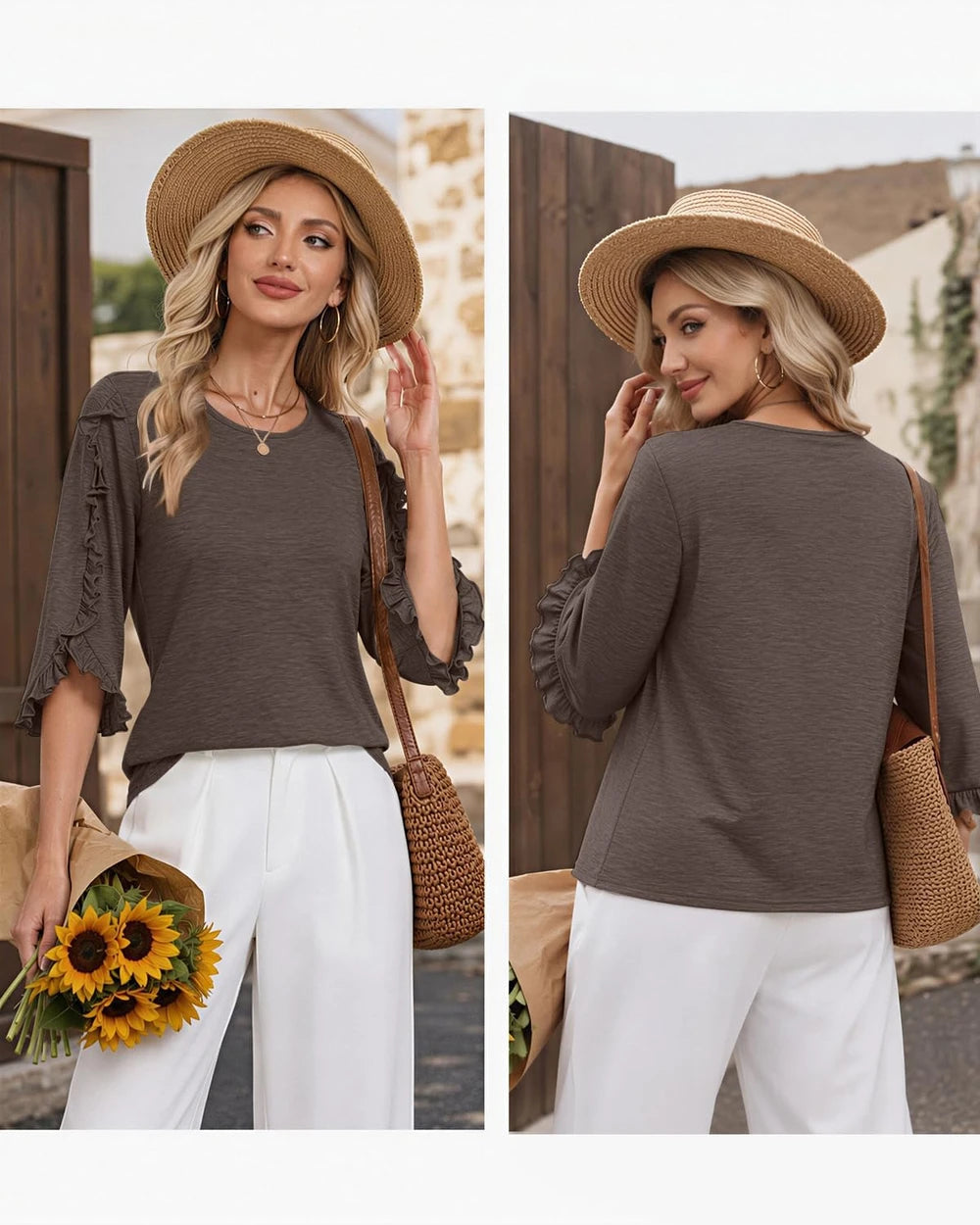 Ruffle Sleeve Crewneck Blouse