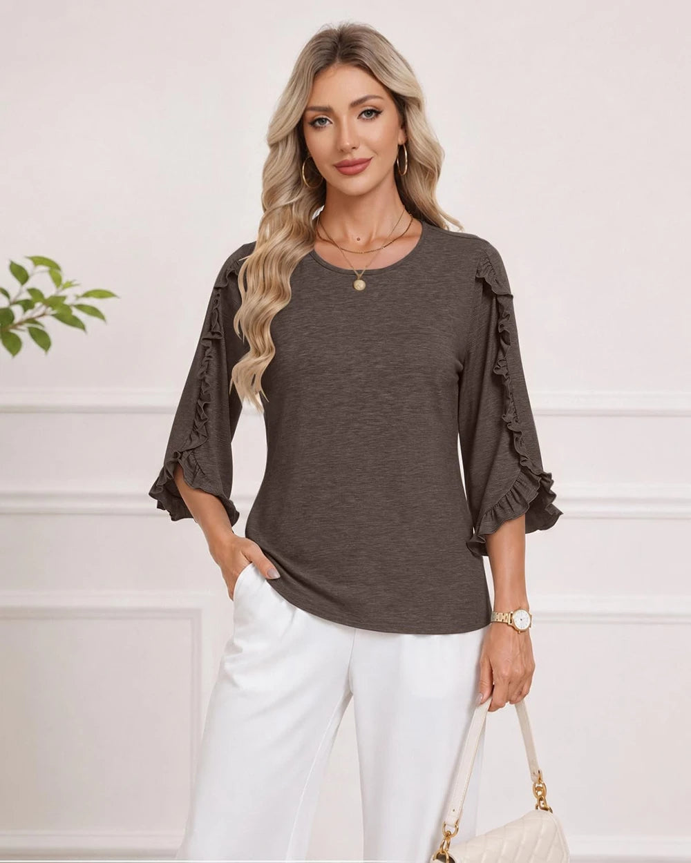 Ruffle Sleeve Crewneck Blouse