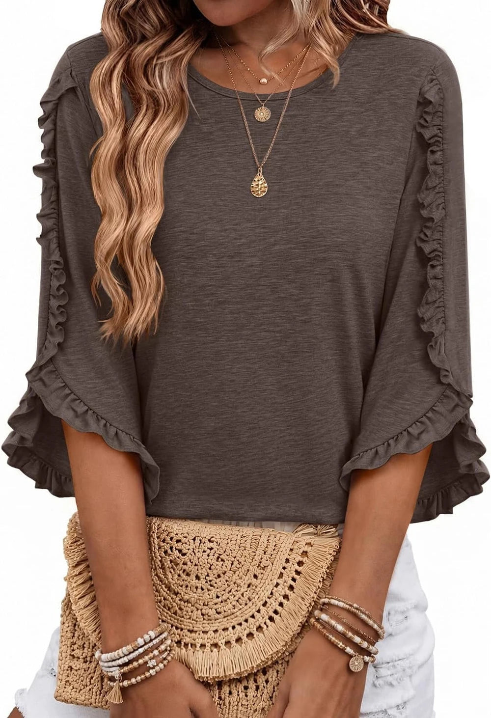 Ruffle Sleeve Crewneck Blouse
