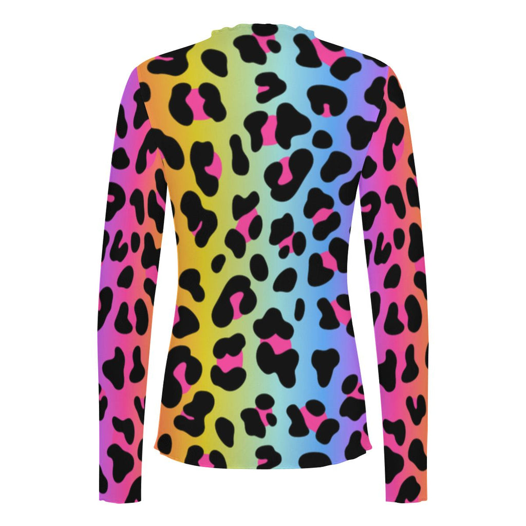 High Neck Mesh Long Sleeve Tops for Women Rainbow Electric Leopard
