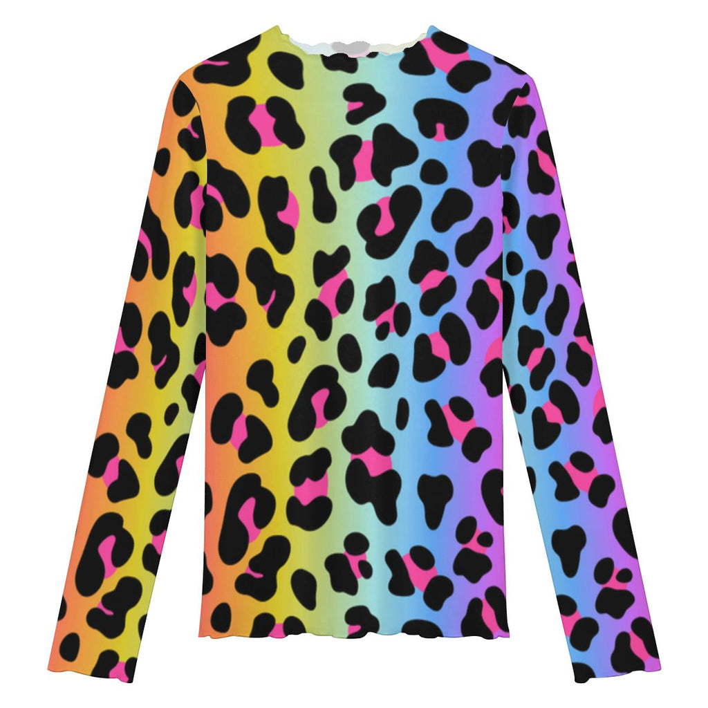High Neck Mesh Long Sleeve Tops for Women Rainbow Electric Leopard