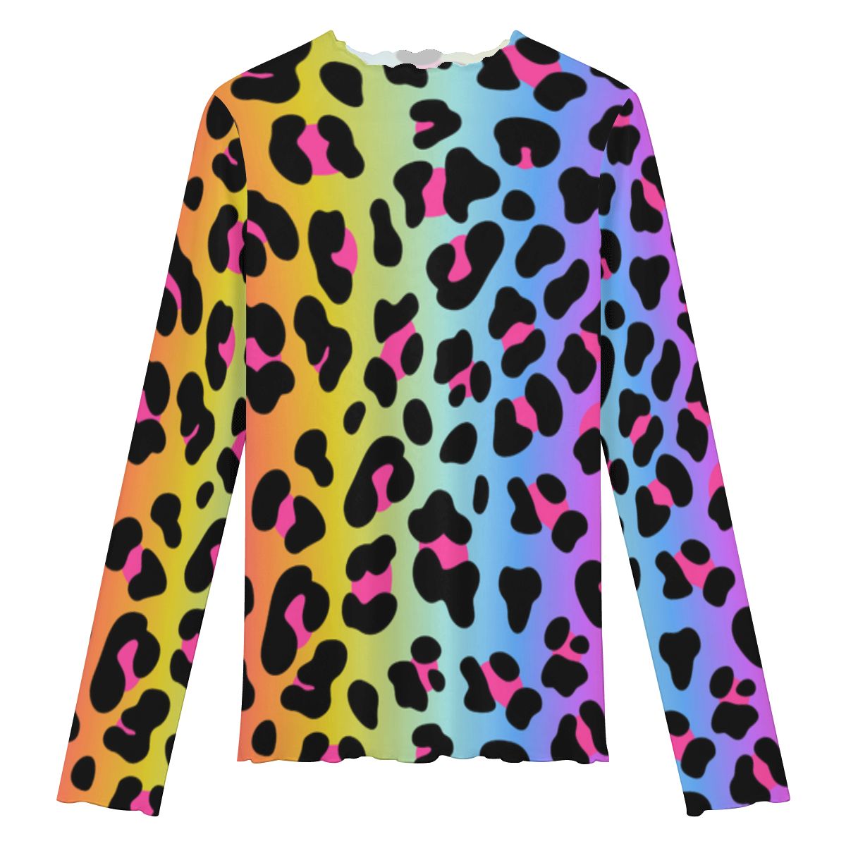 High Neck Mesh Long Sleeve Tops for Women Rainbow Electric Leopard