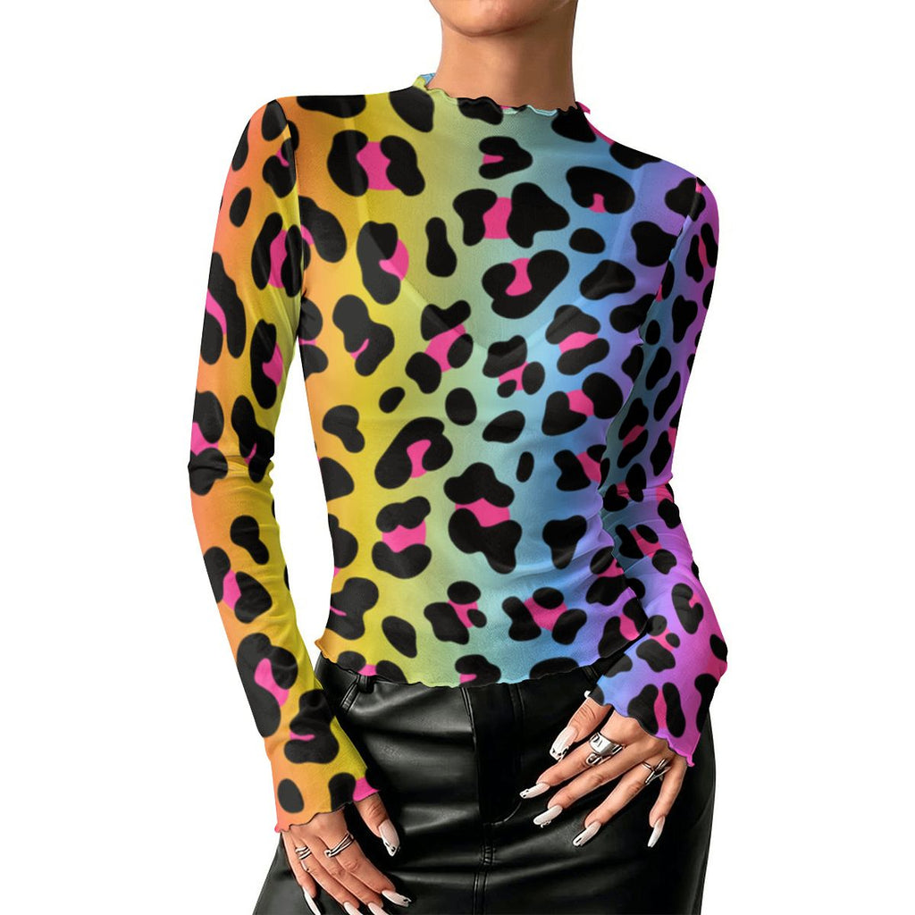 High Neck Mesh Long Sleeve Tops for Women Rainbow Electric Leopard
