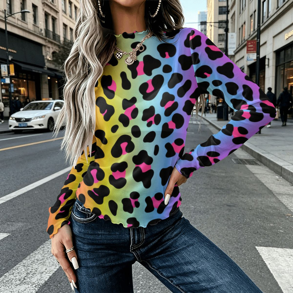 High Neck Mesh Long Sleeve Tops for Women Rainbow Electric Leopard