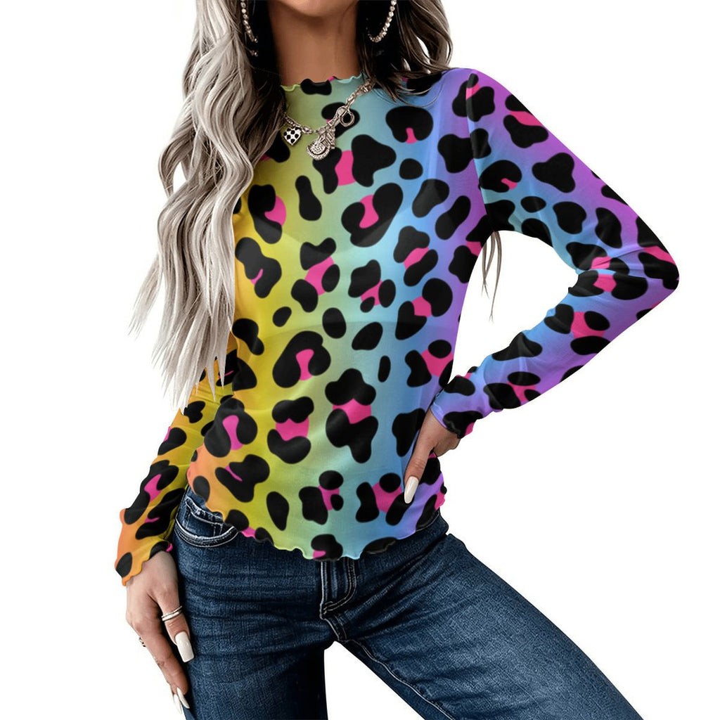 High Neck Mesh Long Sleeve Tops for Women Rainbow Electric Leopard