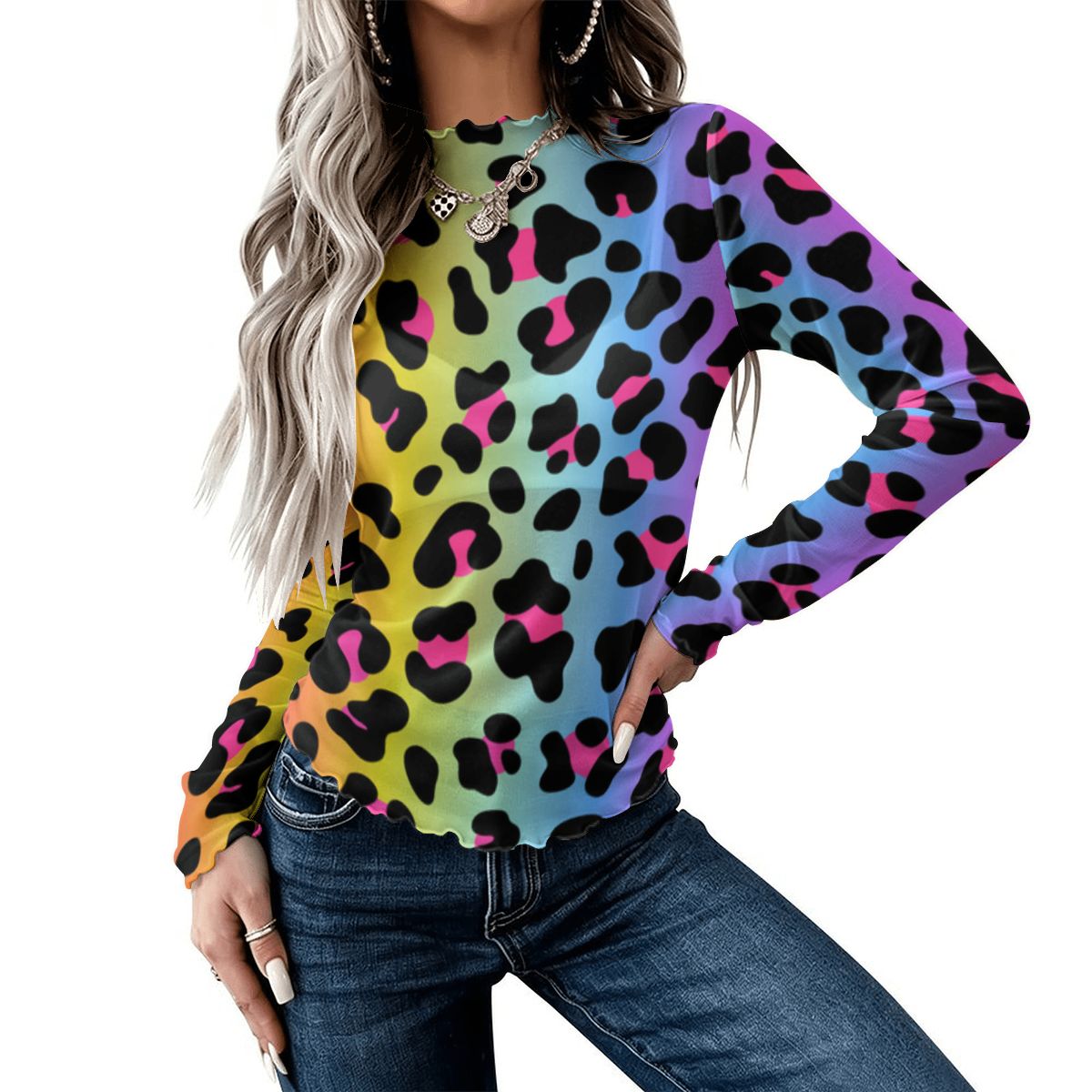 High Neck Mesh Long Sleeve Tops for Women Rainbow Electric Leopard
