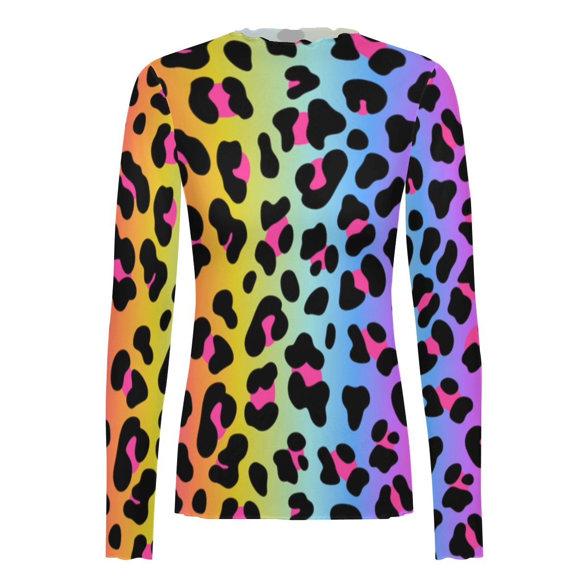 High Neck Mesh Long Sleeve Tops for Women Rainbow Electric Leopard
